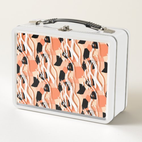Peach Black White Abstract Pattern Metal Lunch Box