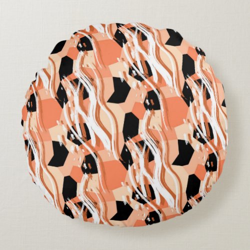Peach Black White Abstract Pattern Round Pillow