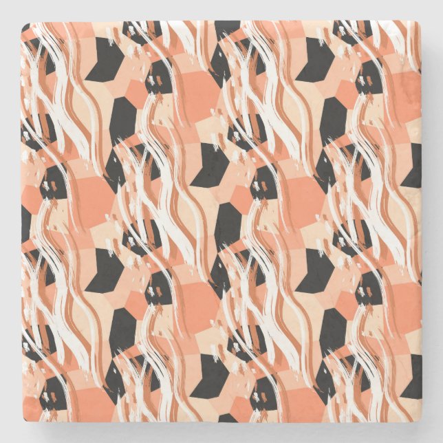 Peach Black White Abstract Pattern. Stone Coaster (Front)