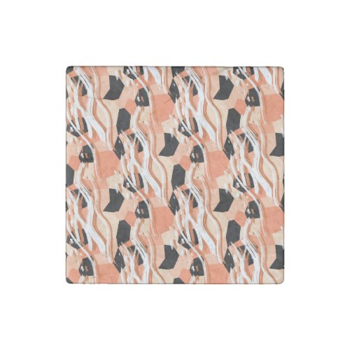 Peach Black White Abstract Pattern Stone Magnet