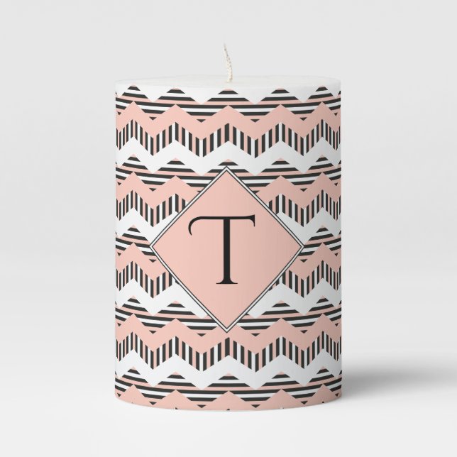 Peach, Black & White Chevron, Custom Monogram Pillar Candle (Front)