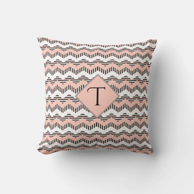 Peach, Black & White Chevron, Custom Monogram Throw Pillow (Front)