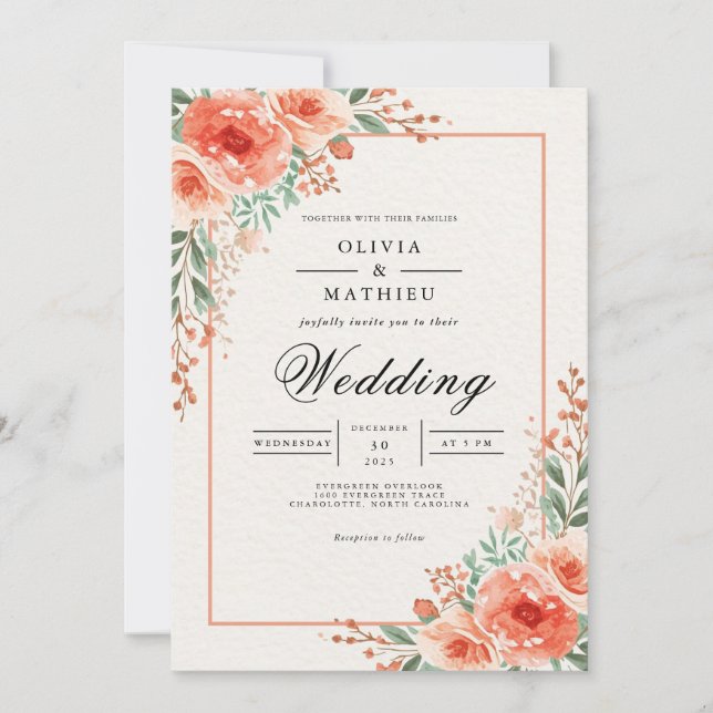 Peach Blossom Botanical Whimsy Wedding Invitation (Front)