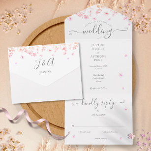 Peach Blossom Floral Script Monogram Wedding All I All In One Invitation