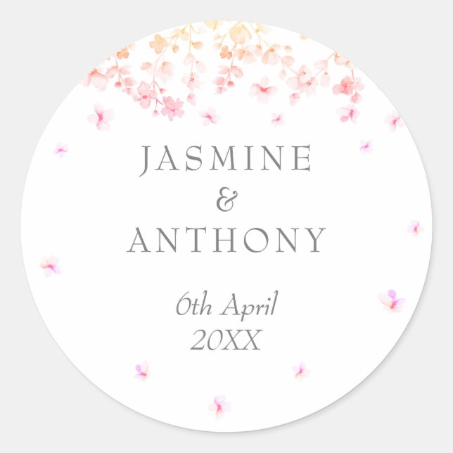 Peach Blossom Floral Wedding Classic Round Sticker (Front)