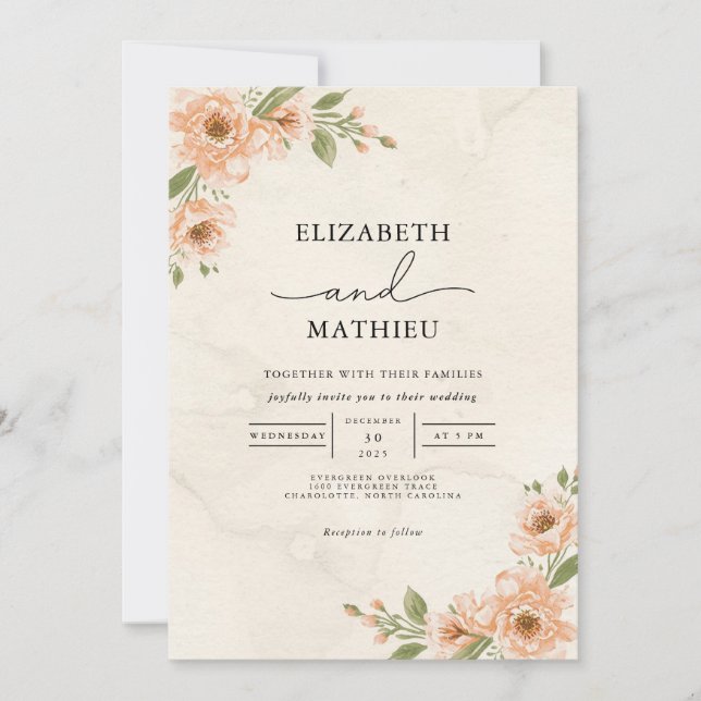 Peach Blossom Garden Floral Wedding Invitation (Front)
