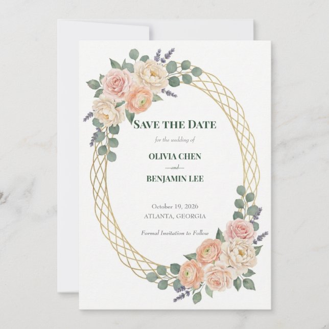 Peach Blossom & Golden Lattice Wedding Save The Date (Front)