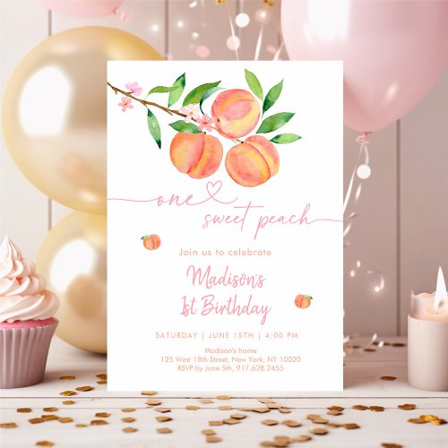 Peach Blossom One Sweet Peach Birthday Invitation