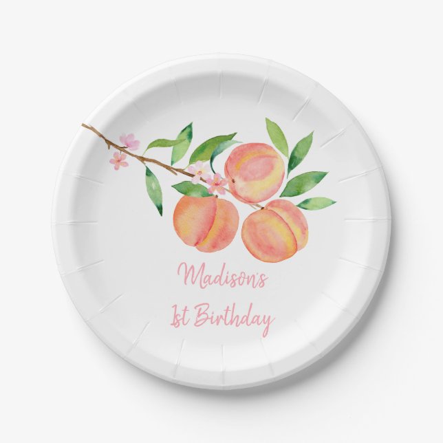 Peach Blossom One Sweet Peach Birthday Paper Plates (Front)