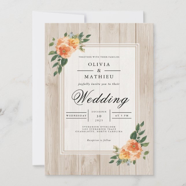 Peach Blossom Rustic Wood Wedding Invitation (Front)
