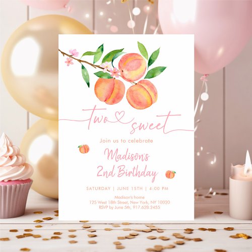 Peach Blossom Two Sweet Peach Birthday Invitation