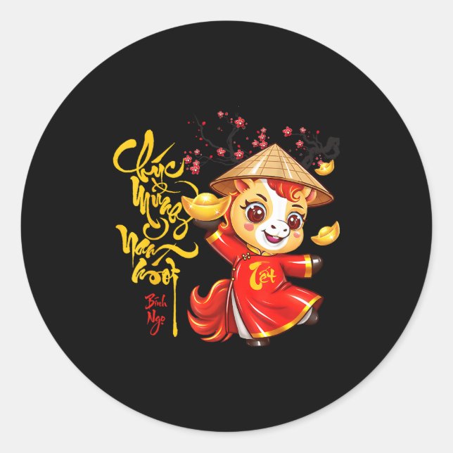Peach Blossom Vietnamese Lunar New Year Horse 2026 Classic Round Sticker (Front)