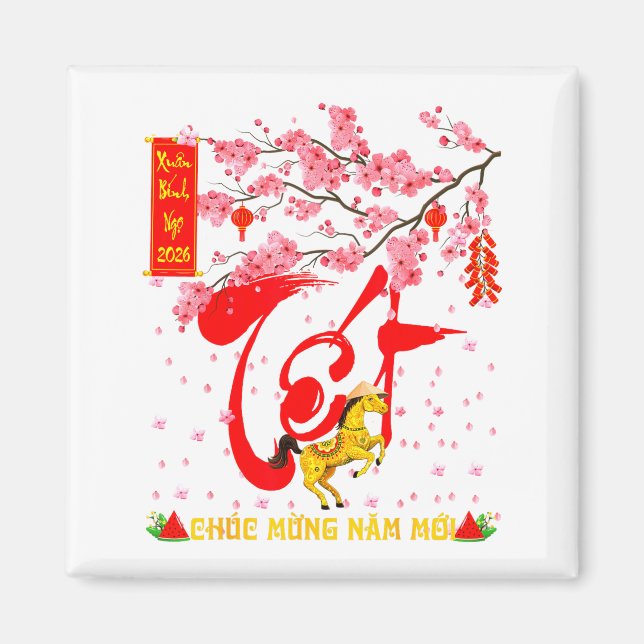 Peach Blossom Vietnamese Lunar New Year Horse 2026 Magnet (Front)
