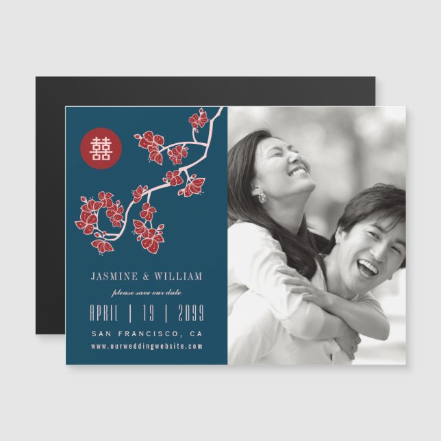 Peach Blossoms Chinese Wedding Photo Save The Date (Front/Back)