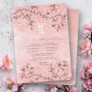 Peach Blossoms Double Happiness 囍 Chinese Wedding Foil Invitation