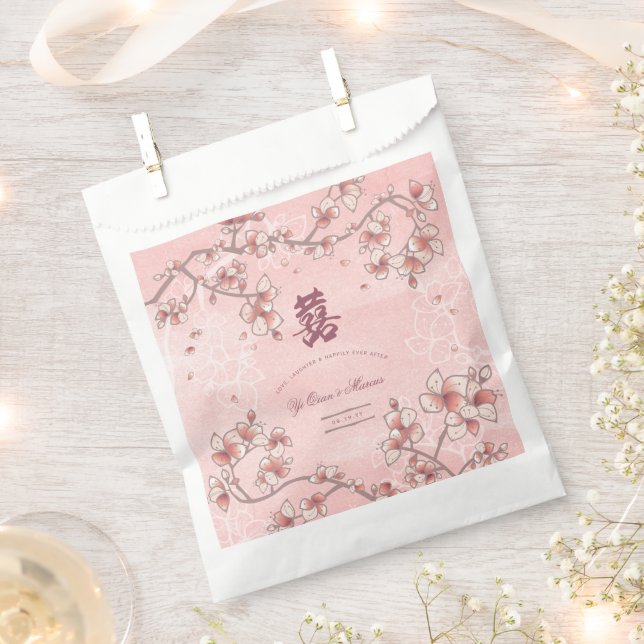 Peach Blossoms Double Happiness Chinese Wedding Favor Bag (Clipped)