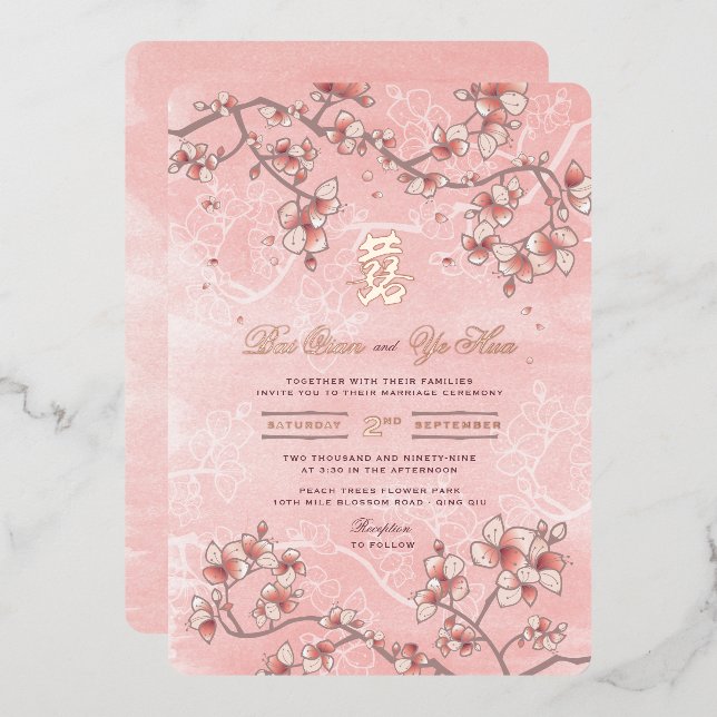 Peach Blossoms Double Happiness Chinese Wedding Foil Invitation (Front/Back)