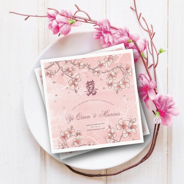 Peach Blossoms Double Happiness Chinese Wedding Napkins (Pink Peach/Plum Blossoms Double Happiness Elegant Chinese Wedding Paper Napkins @ fatfatin_red_knot)
