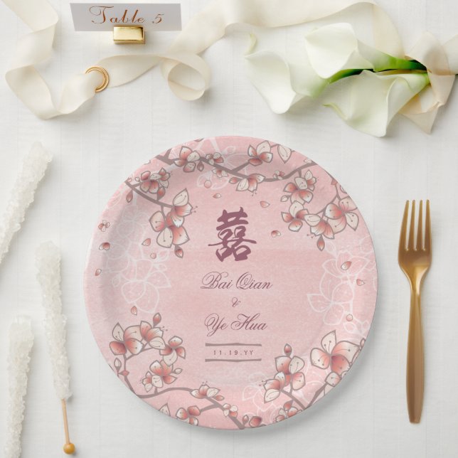 Peach Blossoms Double Happiness Chinese Wedding Paper Plates (Wedding)