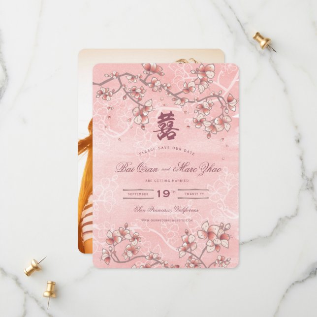 Peach Blossoms Double Happiness Chinese Wedding Save The Date (Front/Back In Situ)