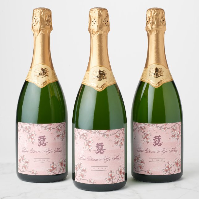 Peach Blossoms Double Happiness Chinese Wedding Sparkling Wine Label (Bottles)