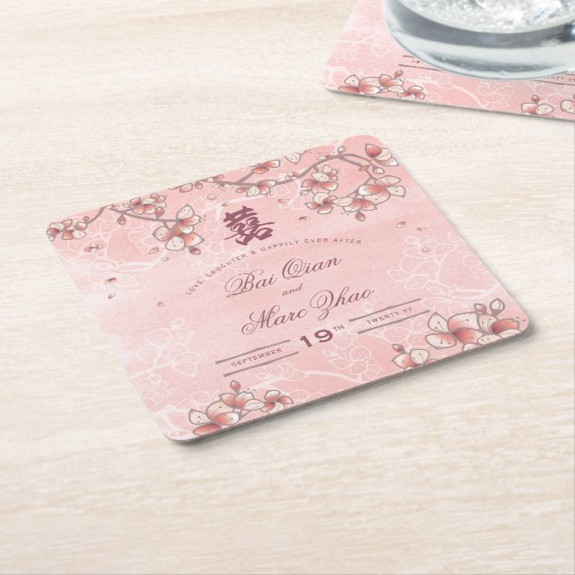 Peach Blossoms Double Happiness Chinese Wedding Square Paper Coaster (Angled)