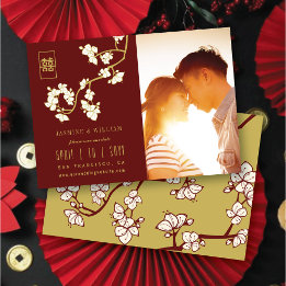 Peach Blossoms Double Happiness Red Chinese Photo Save The Date