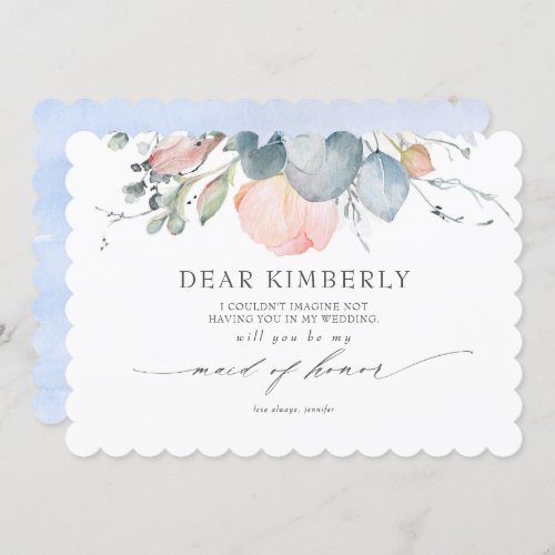 Peach Blossoms Dusty Blue Be My Maid of Honor Invitation