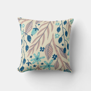 Peach Blue Aqua Beige Floral Illustration Throw Pillow