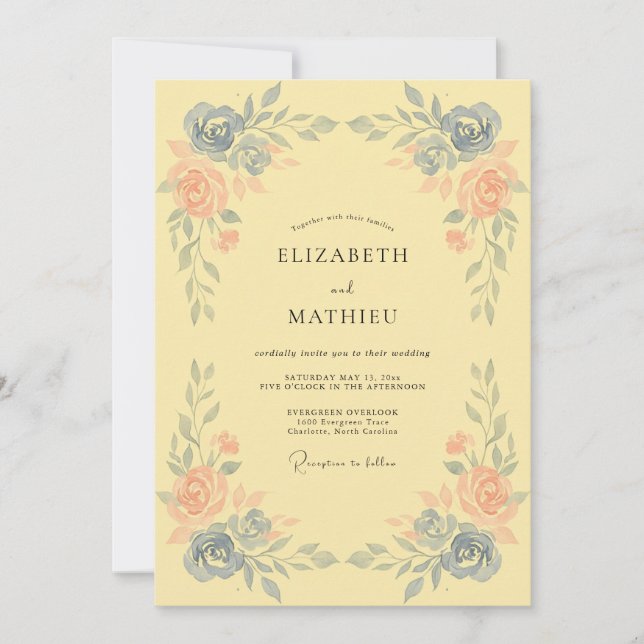Peach Blue Artistic Floral Wedding Invitation (Front)