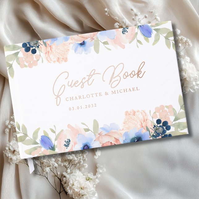 Peach Blue Blush Wedding Foil Guest Book (Modern, peach, blue, blush, flowers, handwriting, wedding guest book with real foil. )