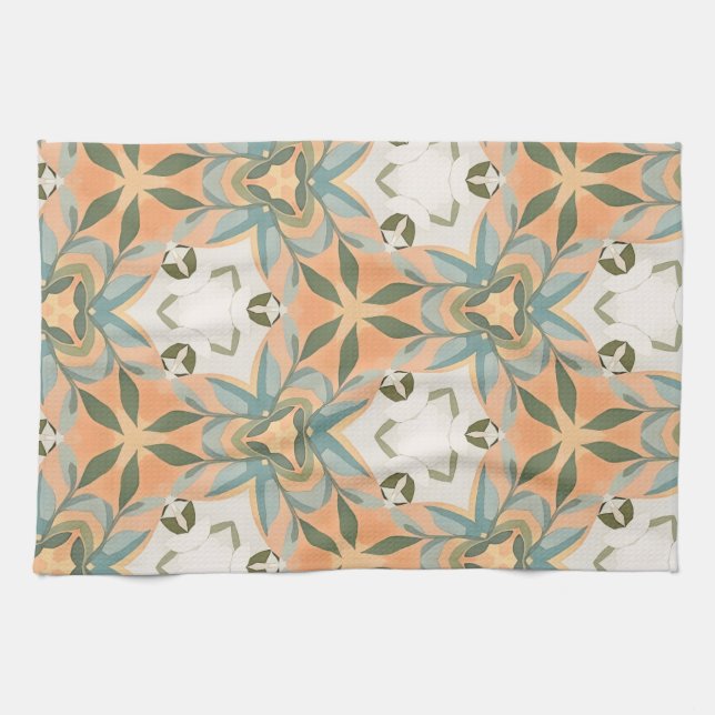 Peach Blue Botanical Seamless Pattern Kitchen Towel (Horizontal)