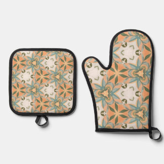 Peach Blue Botanical Seamless Pattern Oven Mitt & Pot Holder Set