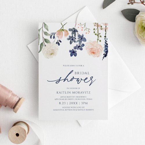 Peach  Blue Bridal Shower Botanical Floral Invitation