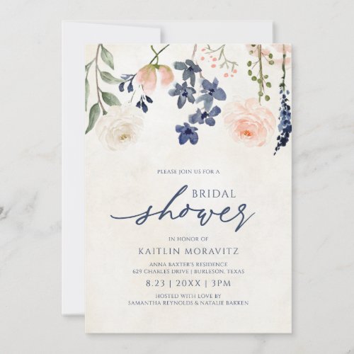 Peach  Blue Bridal Shower Botanical Vintage Invitation