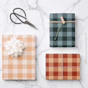 Peach Blue Brown Checkered Gingham Pattern Wrapping Paper Sheets