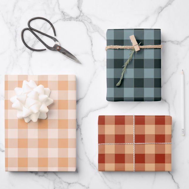 Peach Blue Brown Checkered Gingham Pattern Wrapping Paper Sheets (Front)