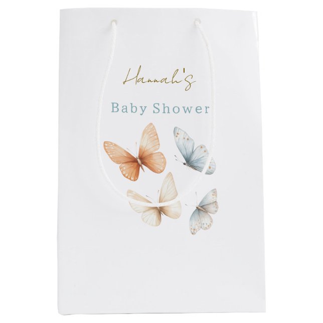 Peach Blue Butterflies Baby Shower Medium Gift Bag (Front)