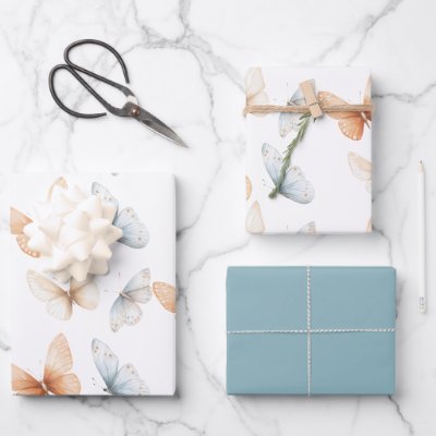 Peach Blue Butterflies Baby Shower Wrapping Paper Sheets
