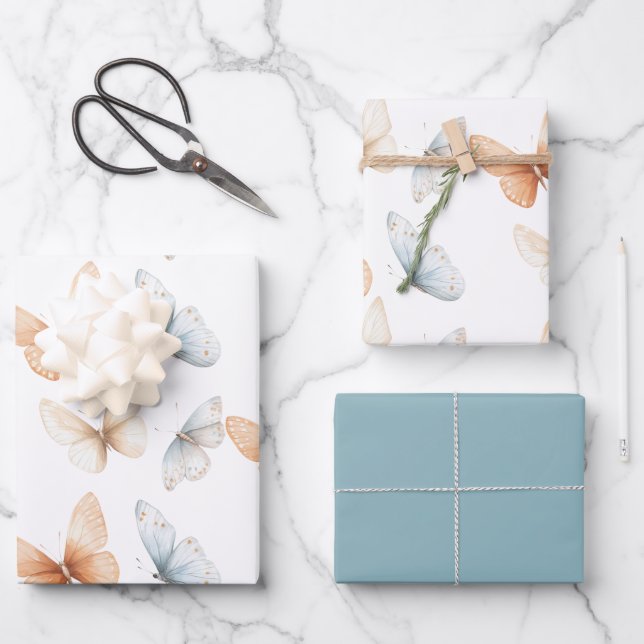 Peach Blue Butterflies Baby Shower Wrapping Paper Sheets (Front)