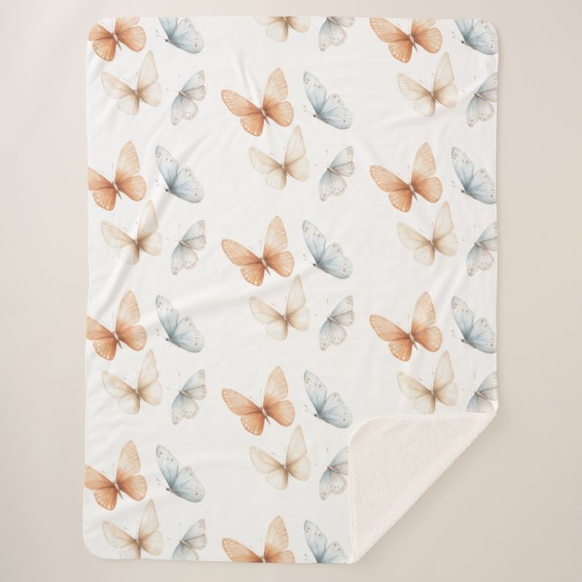 Peach Blue Butterflies  Sherpa Blanket (Front)