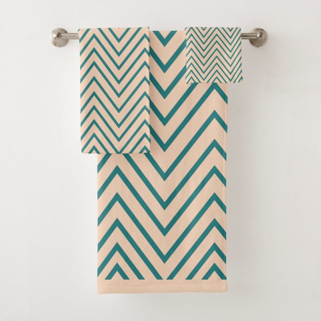 Peach Blue Chevron Stripe Pattern Bath Towel Set (Insitu)