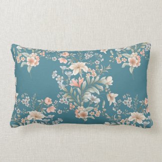 Peach, Blue, Cream Giant Bouquet on Teal Lumbar P Lumbar Pillow