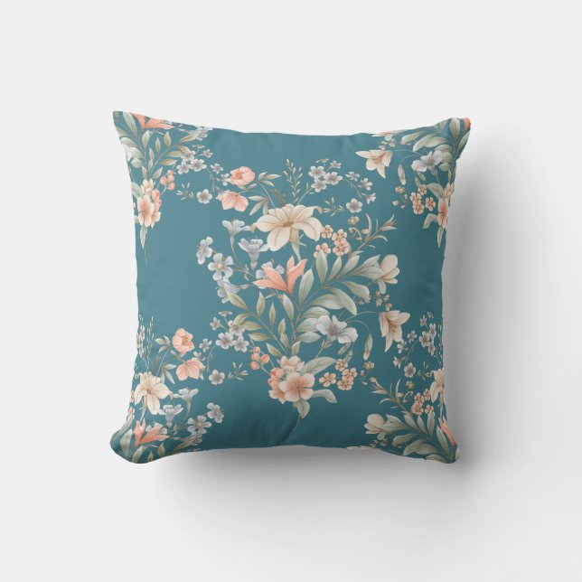 Peach, Blue, Cream Giant Bouquet on Teal Throw Pillow (Front)