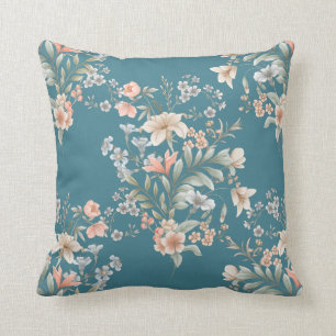Peach, Blue, Cream Giant Bouquet on Teal Throw Pillow
