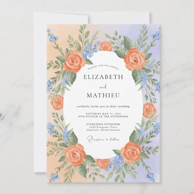 Peach Blue Exuberant Spring Wedding Invitation (Front)