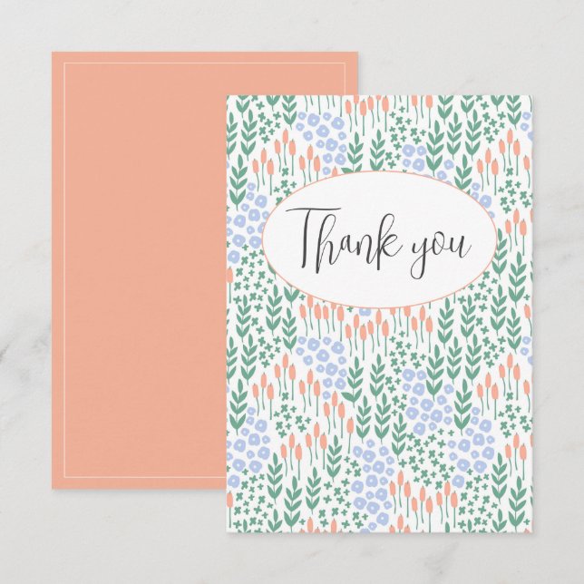 Peach Blue Floral Flat Thank You Card (Front/Back)