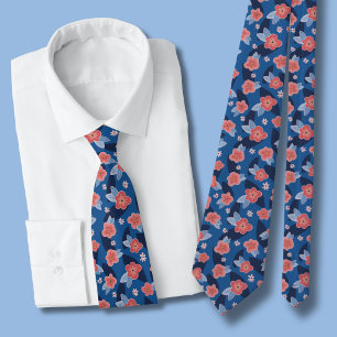 Peach & Blue Floral Pattern Neck Tie