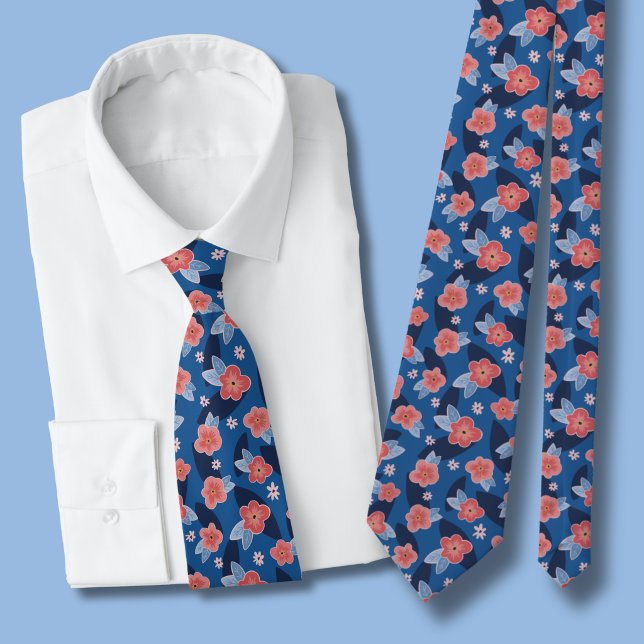 Peach & Blue Floral Pattern Neck Tie (Peach floral blue tie )