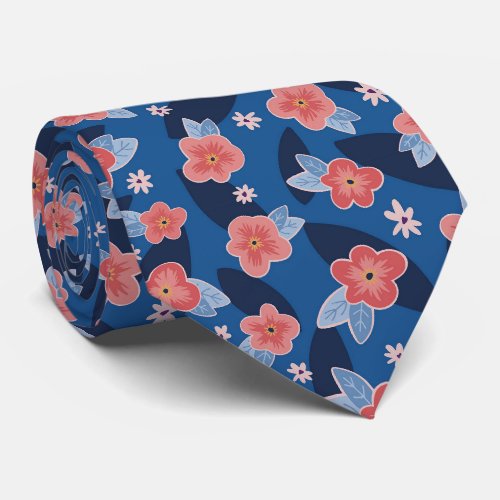Peach  Blue Floral Pattern Neck Tie